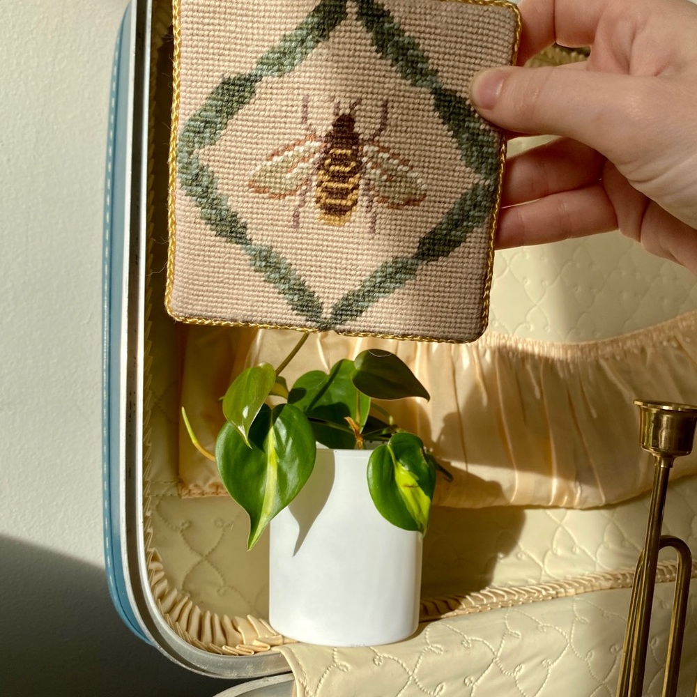 Set of 2 embroidered bee coasters boho